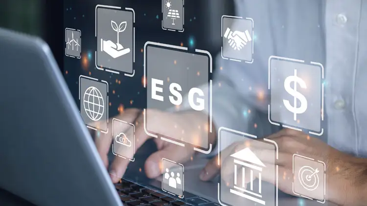 A person typing on a laptop, surrounded by icons representing ESG metrics such as sustainability, governance, and community.