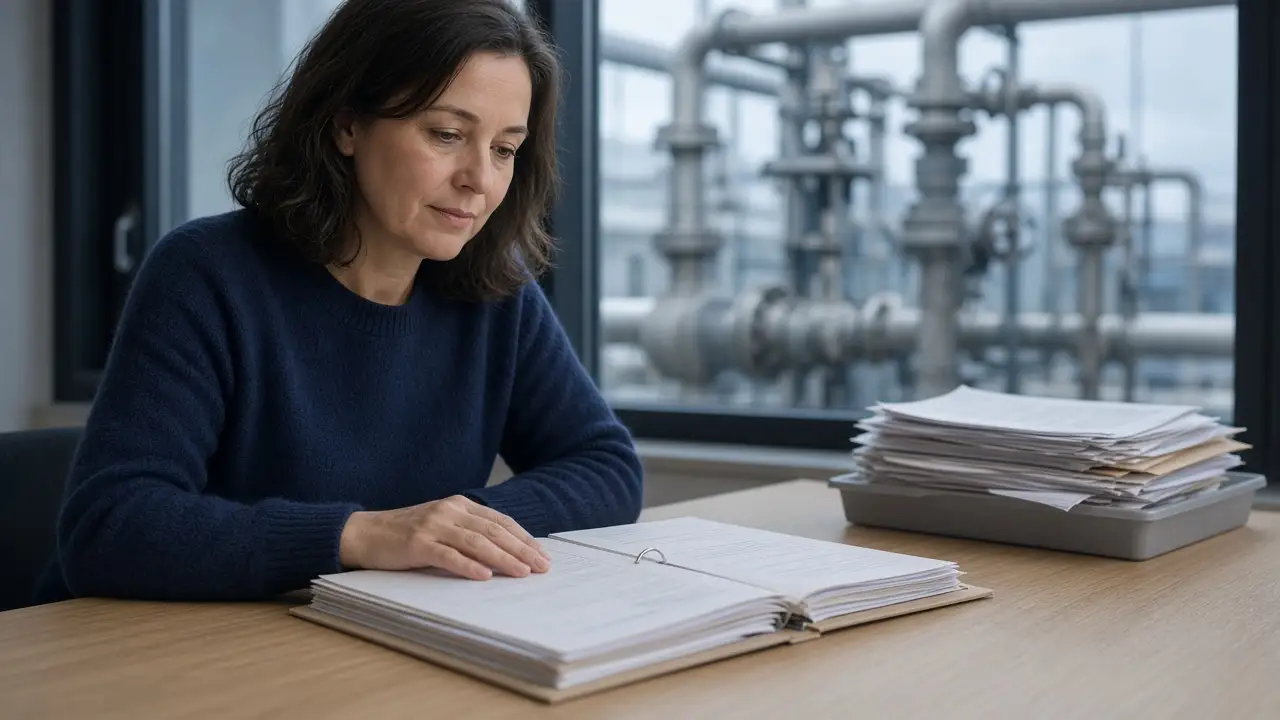 A utility procurement manager with one finished supplier folder, and a tray of duplicate printouts set aside.