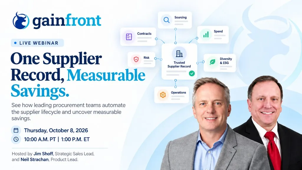 Live webinar banner: One Supplier Record, Measurable Savings, hosted by Jim Shoff and Neil Strachan on October 8